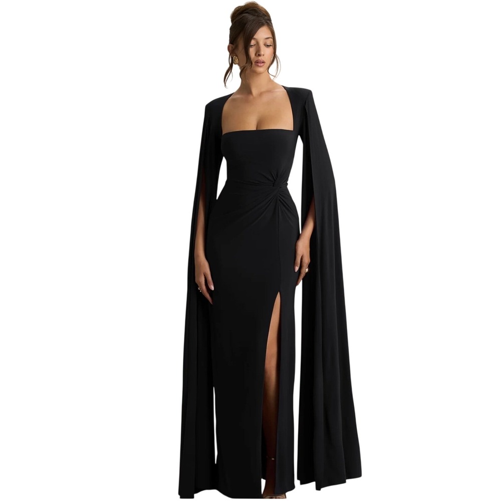 Club L London Claretta Black Square Neck Twisted Maxi Dress Cape Sleeves NWT 8